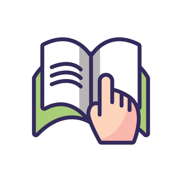 Hand pointing a book page, colorful line and fill style — Stockvector