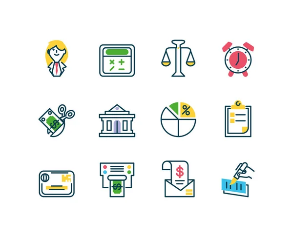 Dessin animé femme d'affaires et les icônes du jour de l'impôt ensemble, style demi-couleur — Image vectorielle