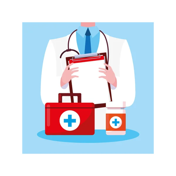 Médico con botiquín de primeros auxilios médico — Vector de stock