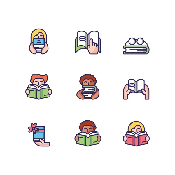 People reading and books icon set, line and fill style — Stockvektor