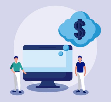 Corporate businessmen with computer and bubble vector design