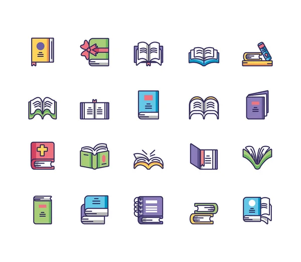 Libro de regalo e icono de libro conjunto, línea y juego de iconos de relleno — Vector de stock