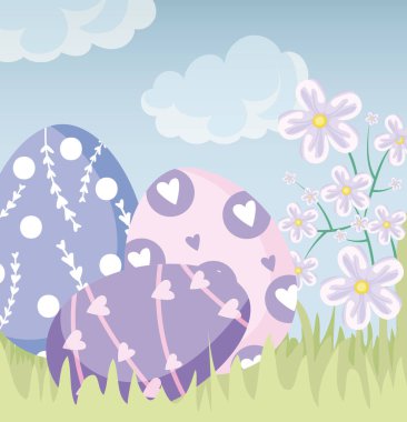 Happy easter eggs flowers grass and clouds vector design