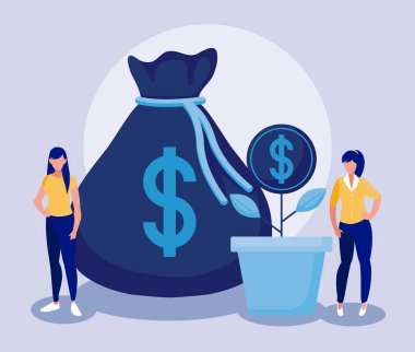 Corporate businesswomen with money bag and coin plant vector design
