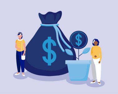 Corporate businesswomen with money bag and coin plant vector design