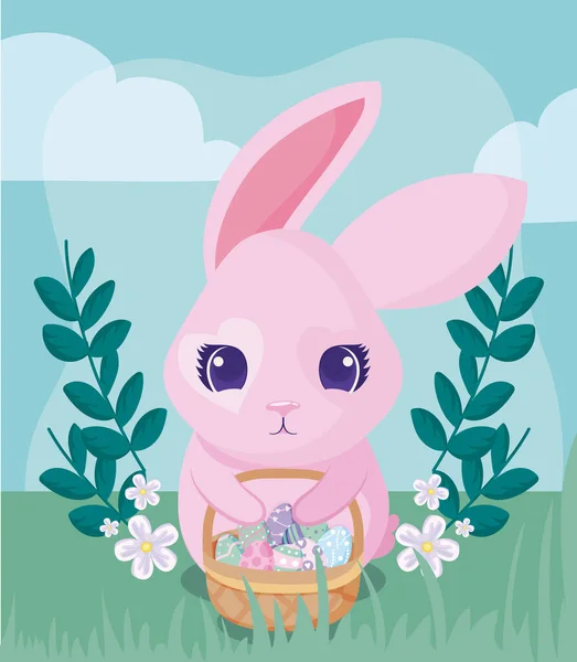 Feliz conejo de Pascua con huevos cesta vector diseño — Vector de stock
