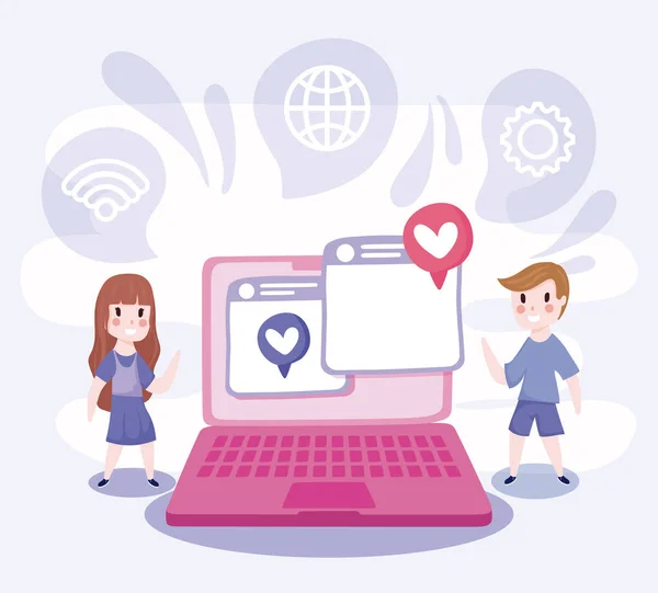 Girl and boy cartoon with laptop and websites vector design — 스톡 벡터