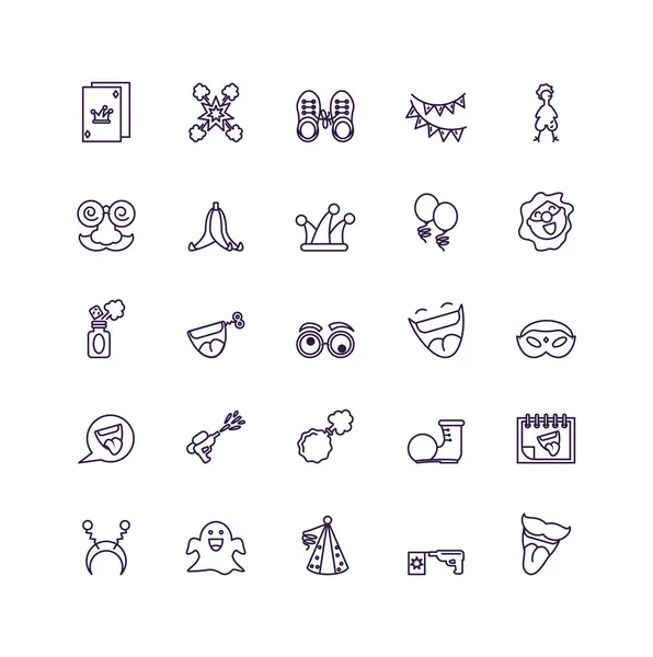 Clown shoes and fools day icons set, line style — Stock vektor