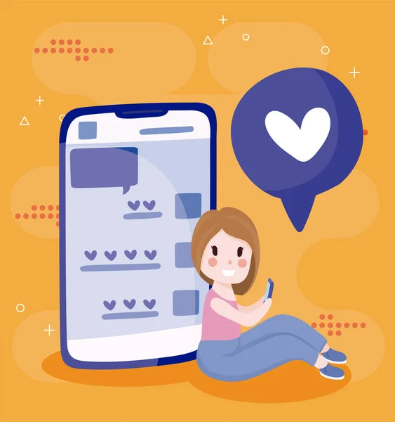 Girl cartoon with smartphone and heart bubble vector design — 스톡 벡터