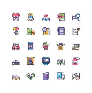 academic books icon set, line and fill style