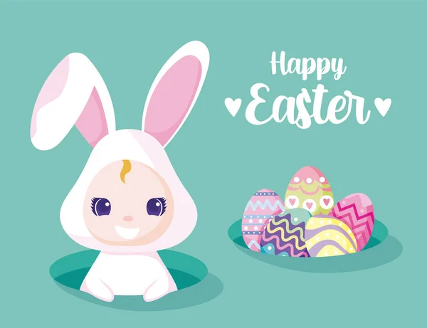 Happy easter girl with rabbit costume and eggs vector design — 스톡 벡터