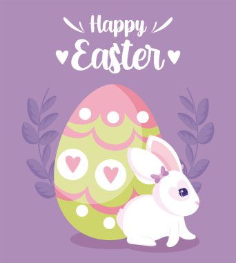 Happy easter rabbit with egg and leaves wreath vector design