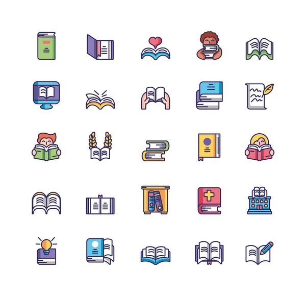 Books and books icons set, line and fill style — Stockvektor