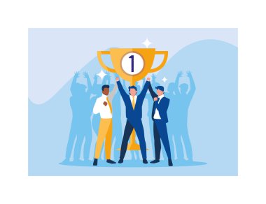 businessmen with gold trophy, successful business team