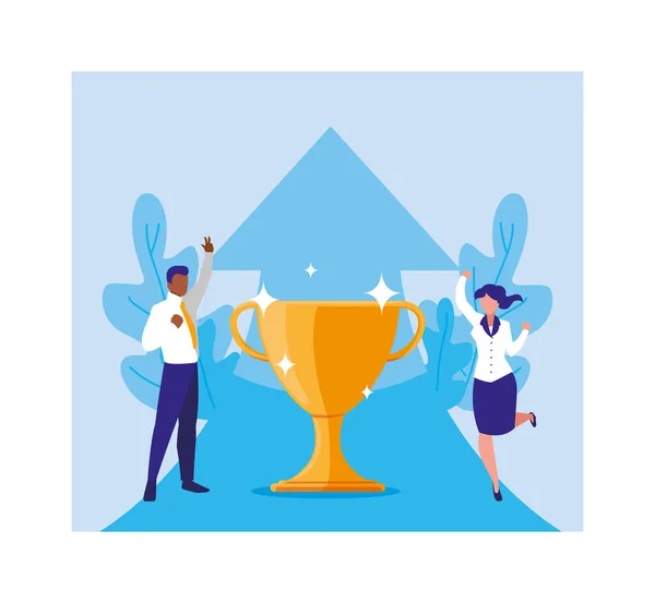 Couple of people with gold trophy, successful business team — Stock Vector