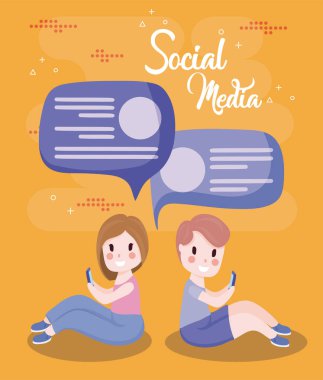 girl and boy cartoon with smartphones and bubbles vector design