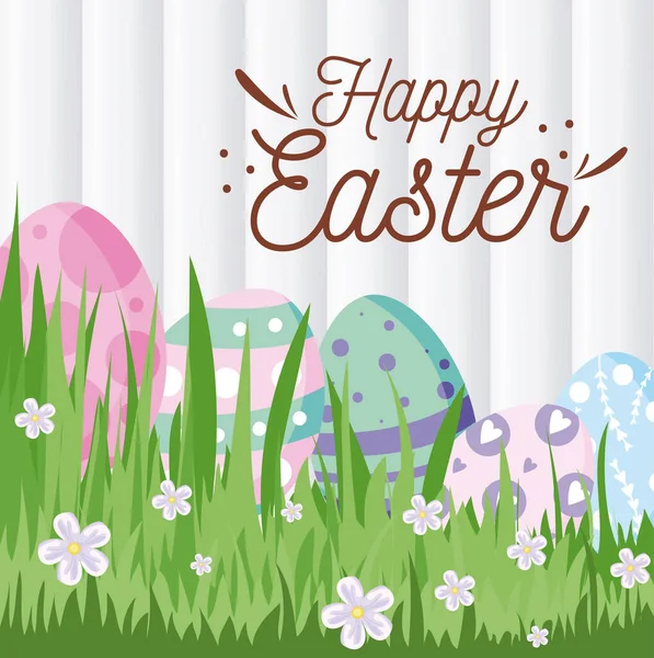 Happy easter eggs flowers and grass vector design — Stockvektor