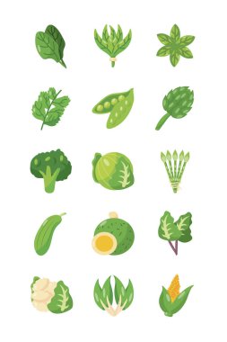 yeşil sağlıklı sebze ikonu seti, düz ayrıntı biçimi