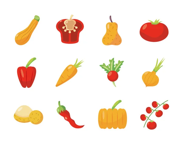 Здоровые овощи иконка набор, плоский стиль подробно — стоковый вектор
