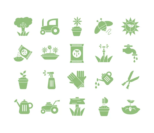 Tracteur et icône de jardinage ensemble, style silhouette — Image vectorielle