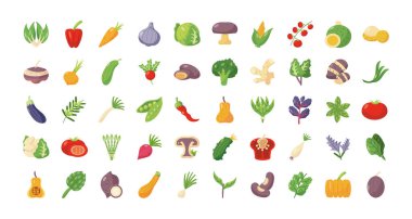 Tüm sağlıklı sebze ikonu seti, düz ayrıntı biçimi
