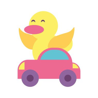 Beyaz arka planda oyuncak bebek oyuncakları olan ördek.