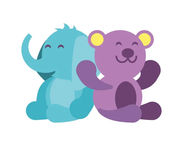 Elefant și ursuleț pe fundal alb, jucării pentru copii — Vector de stoc
