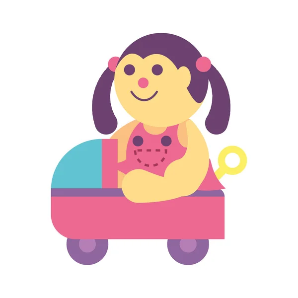 Boneca com carro de bebê no fundo branco, brinquedos de bebê — Vetor de Stock