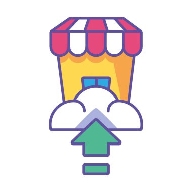 shop front with striped tent on white background