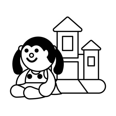 Beyaz arka planda oyuncak bebek ve kale