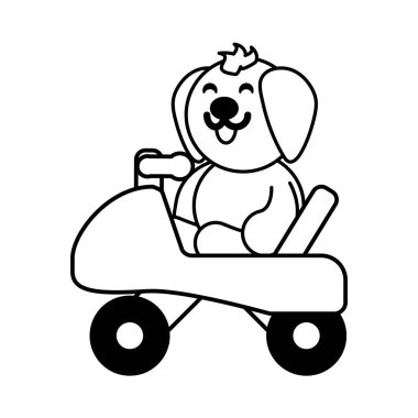 Beyaz arka planda motosiklet oyuncağı olan köpek, bebek oyuncakları