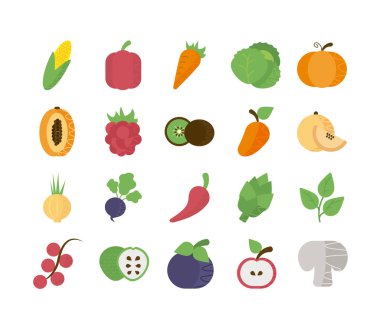 Taze meyve ve sebze ikonları.