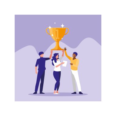 group of people with gold trophy, successful business team