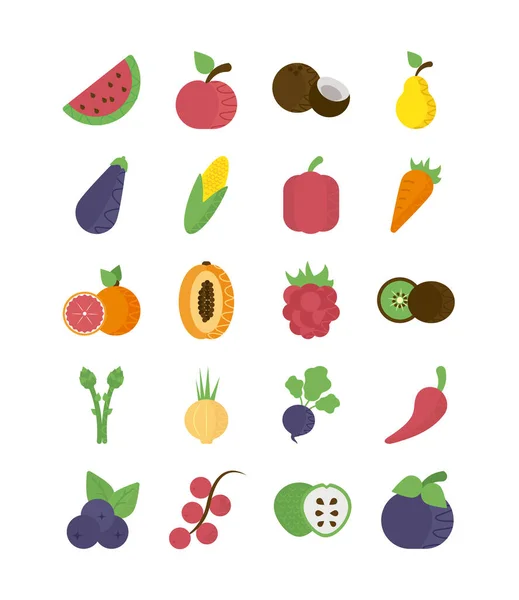 Conjunto de ícones de frutas e legumes frescos — Vetor de Stock