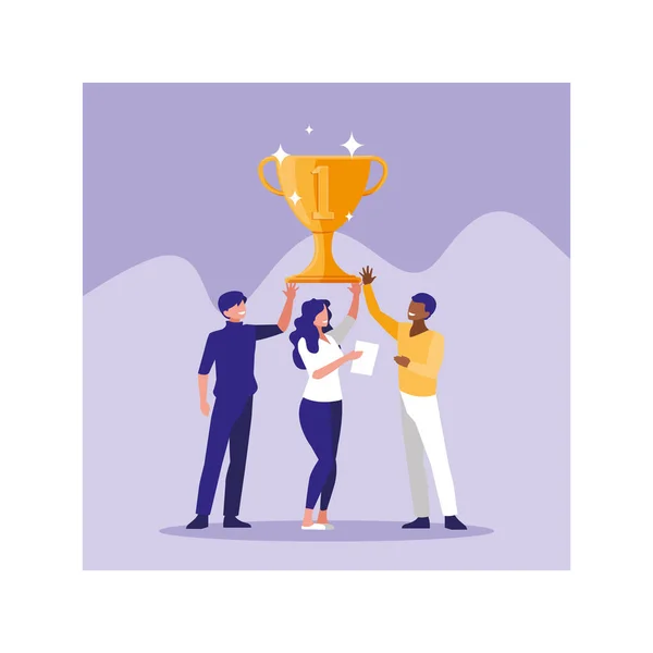 Group of people with gold trophy, successful business team — Stock Vector