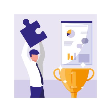 businessman with gold trophy celebrating success