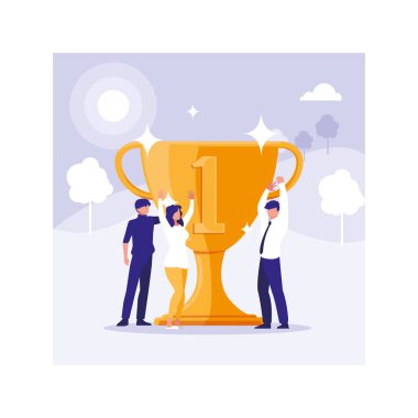 group of people with gold trophy, successful business team