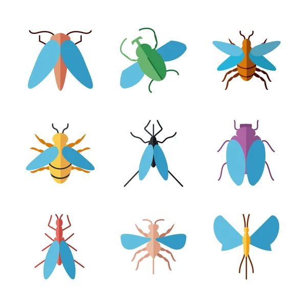 Flies insects icon set, flat style — Stock Vector