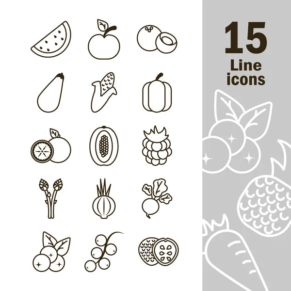 Набор иконок из свежих фруктов и овощей, икона стиля линии — стоковый вектор