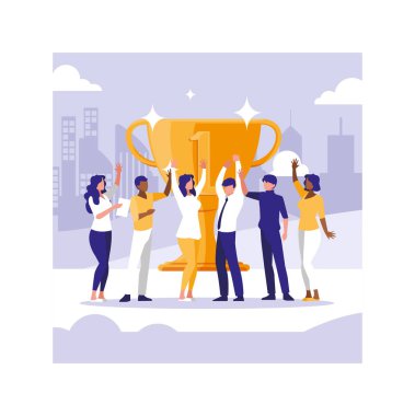 group of people with gold trophy, successful business team
