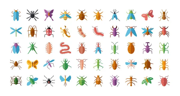 Chyby a sada ikon hmyzu, plochý styl — Stockový vektor