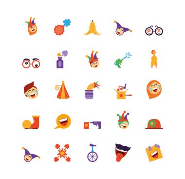 çizgi film aptalları gün simgesi seti, renkli ve düz stil tasarımı