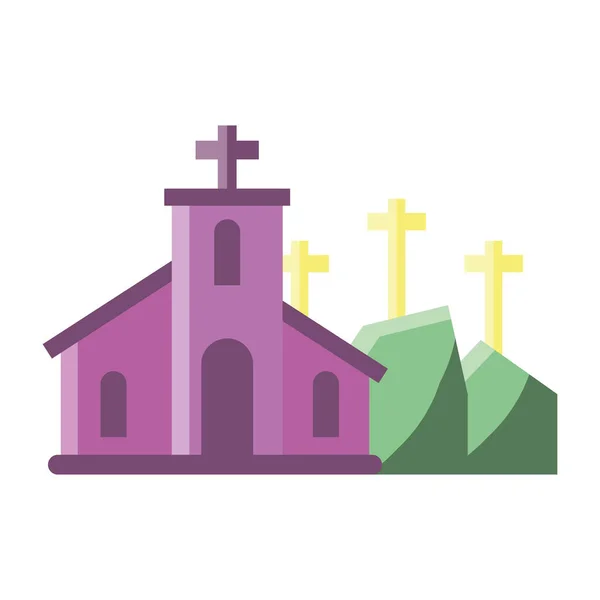 Iglesia con cruz católica en fondo blanco — Vector de stock