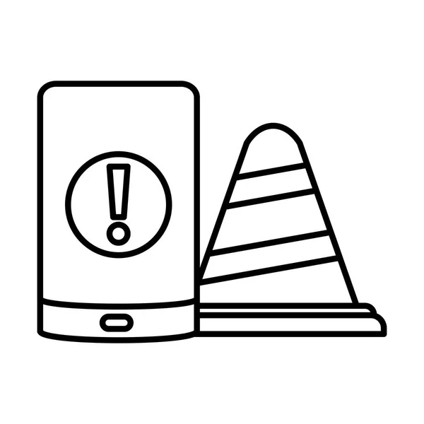 Téléphone portable avec cône de sécurité sur fond blanc — Image vectorielle