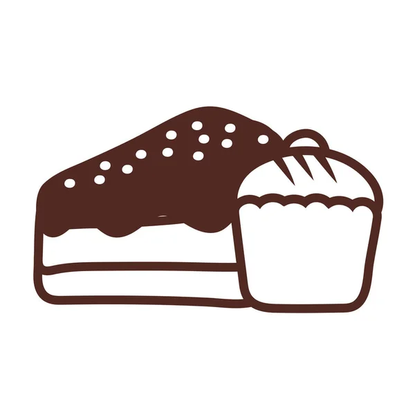 Porzione di torta di compleanno e cupcake, icona in stile linea — Vettoriale Stock