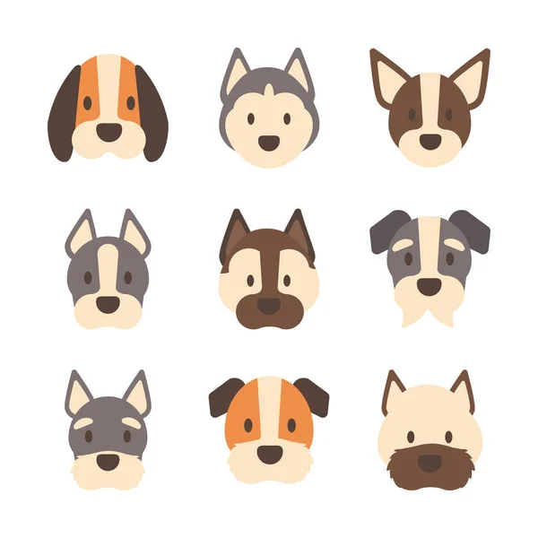 Jogo de ícones de caras raças diferentes de cães — Vetor de Stock