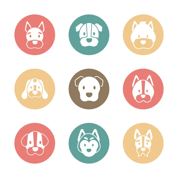 Jogo de ícones de caras raças diferentes de cães — Vetor de Stock