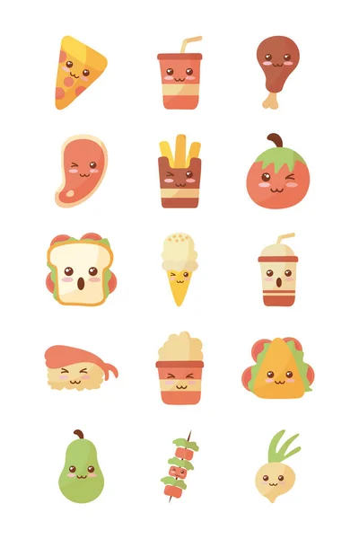 Conjunto de iconos kawaii alimentos sobre fondo blanco — Vector de stock