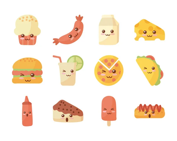 Conjunto de iconos kawaii alimentos sobre fondo blanco — Vector de stock