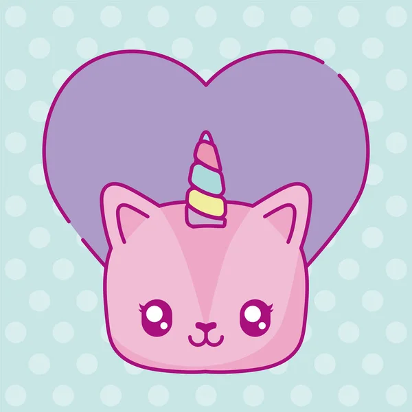 带有紫色心形图标的Kawaii独角兽，五彩斑斓的图案 — 图库矢量图片